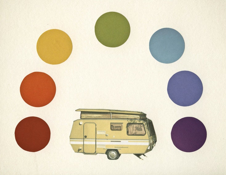 We Camped Beneath a Rainbow - Travel art, mid century modern print, boho, mustard yellow caravan, retro home decor 8x10" Giclee Print
