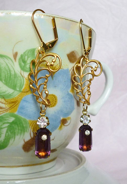 Golden feather Dangle Earrings with Vintage Purple Glass & Sparkling Crystal Art Deco Drop // Victorian Edwardian Goth Boho Gypsy  Hipster