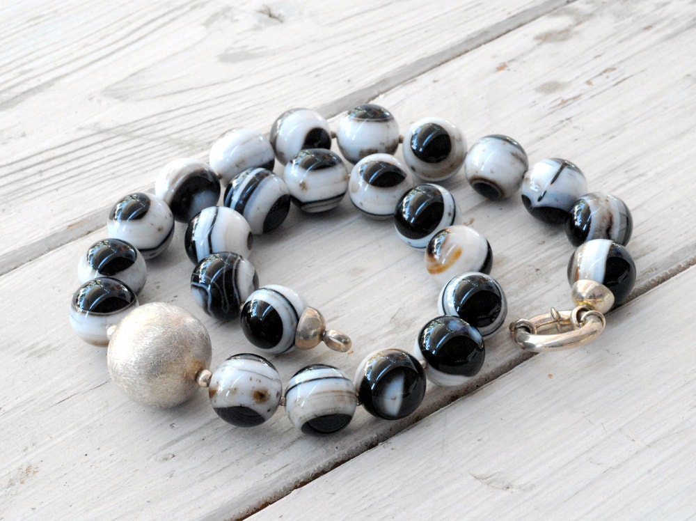 Black & White Striped Agate Necklace, Big Necklace, Statement Jewelry, Santorini Black Jewelry, High Fashion Contemporary Necklace 2013