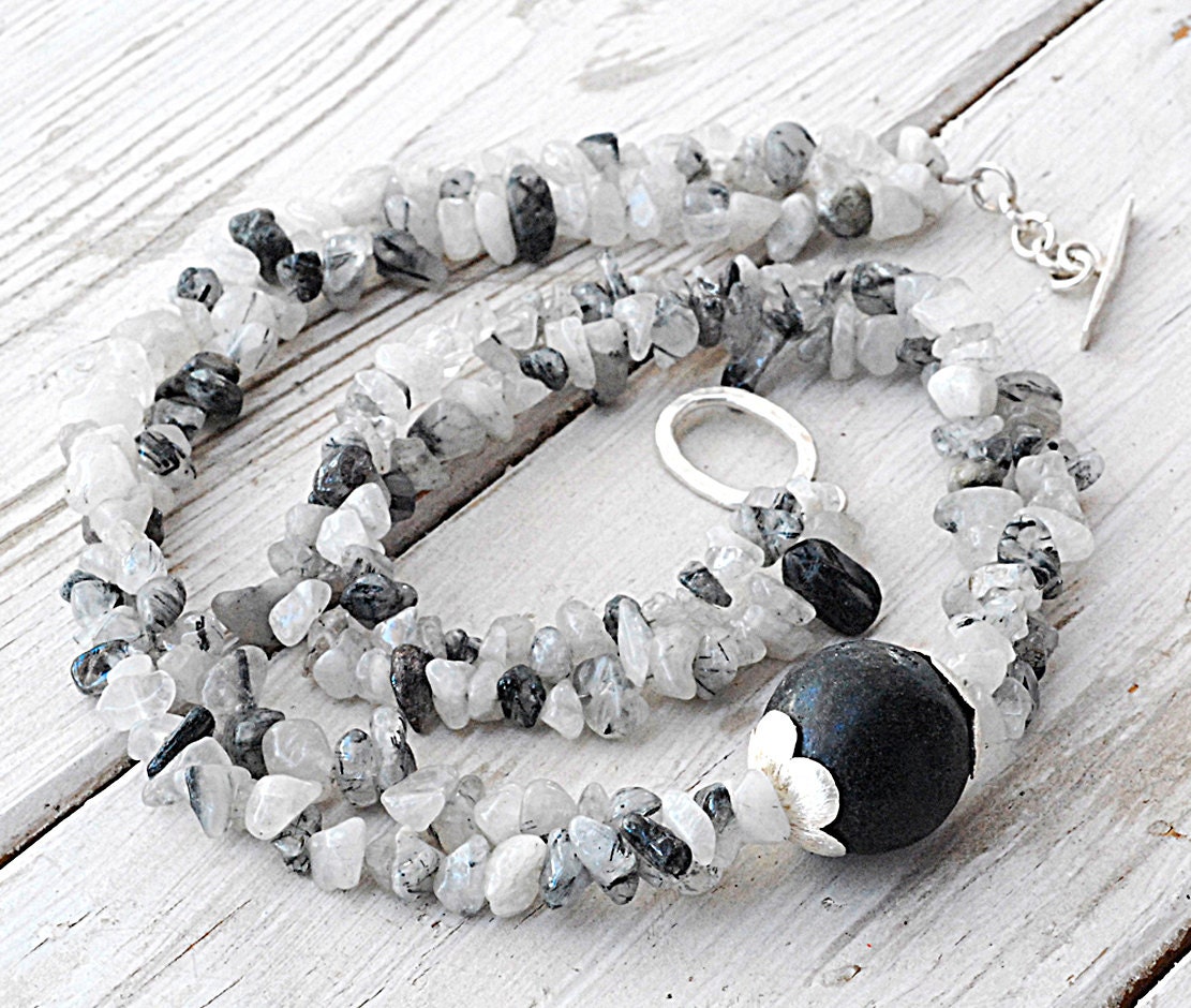 Necklace - Black Lava and Black Rutiliated Quartz Double Strand Necklace