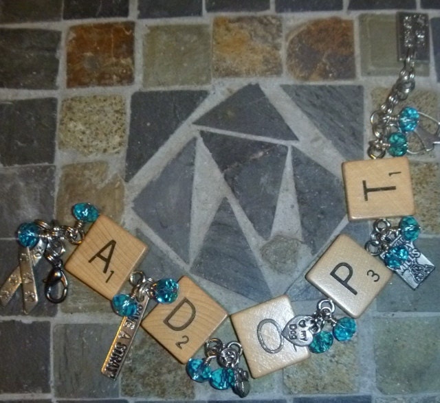 ADOPT  charm bracelet recycled scrabble tiles with blue crystal beads