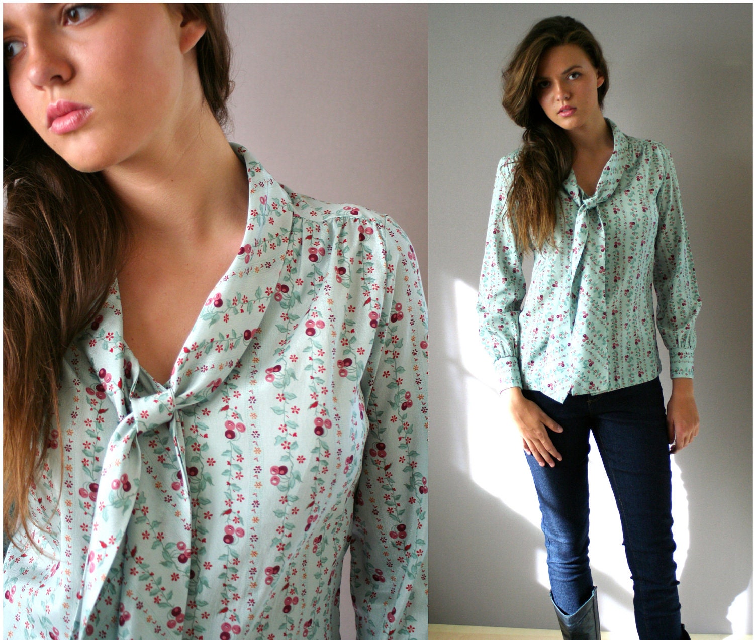 Vintage 80s Cherry Print Secretary Blouse