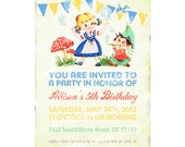 Digital PRINTABLE Vintage Woodland Fairy Garden Gnome Girl Boy Bubbles Celebrate Birthday Tea Party Children Banner Invitation Cards IN38