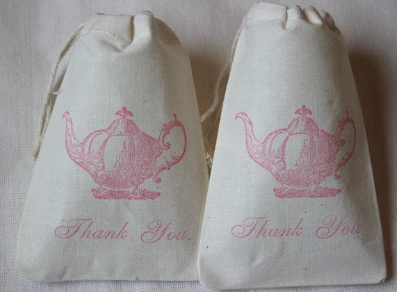 25 Tea Party Favor Bags - Vintage Teapot and Thank You - Organic Cotton Gift Bags 3x5 - You choose ink color Il_170x135