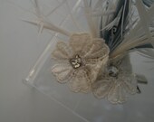 Blue and White Feather and Vintage Crystal Embroidered Flowers - FREE MINI VEIL