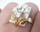 Laure cocktail statement ring - rectangle white flower- mother of pearl enameled metal rhinestone - eco friendly  repurposed vintage