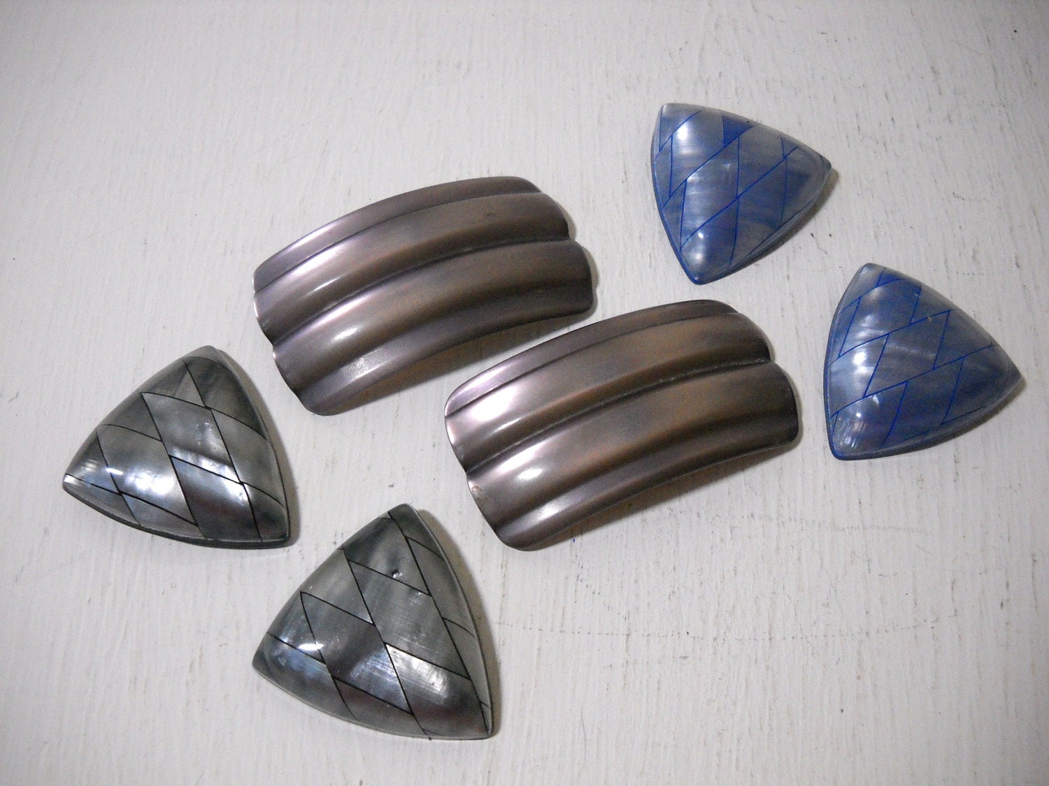 Faux Mother of Pearl Shoe Clips 3 Sets Black & Blue Rectangle and Triangle