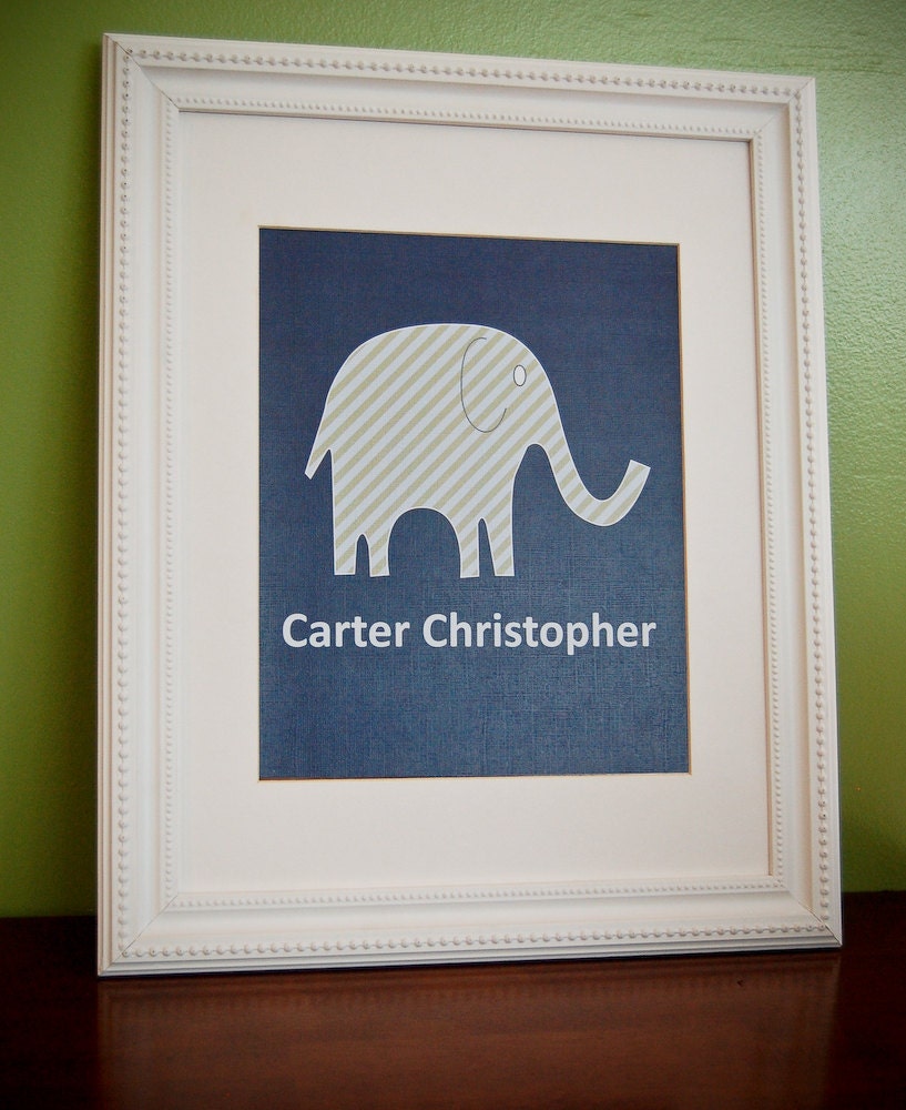 8x10 personalized boy's nursery print navy elephant print with name