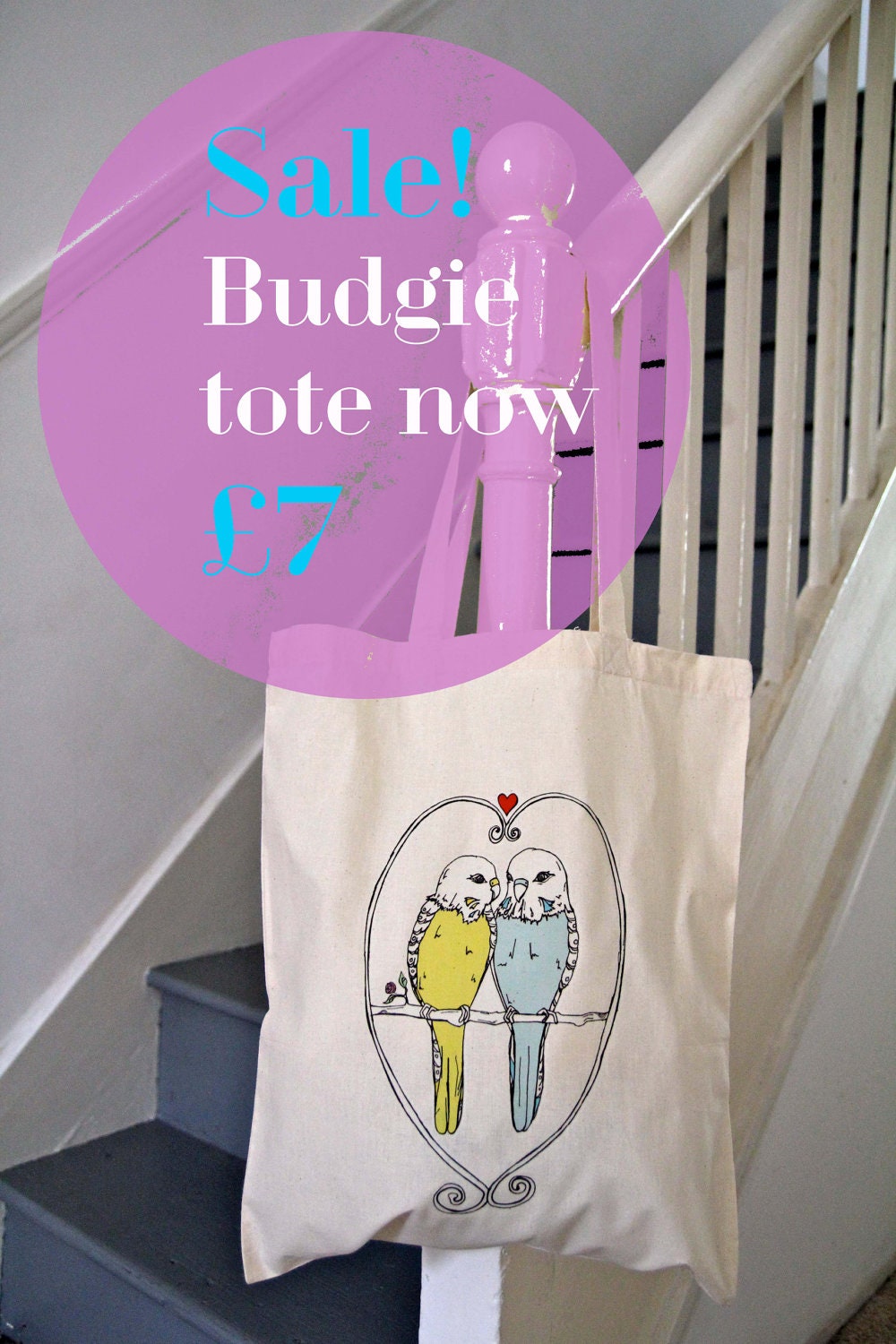 Budgies Tote bag, bird themed cotton bag,pastel yellow and blue