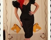 WICKEDLY SEXY 1950's Style Designer Inky Black Ruched Satin Hourglass Cocktail Dress w/ 3D Chiffon Rose Shoulders by Tadashi for I. Magnin