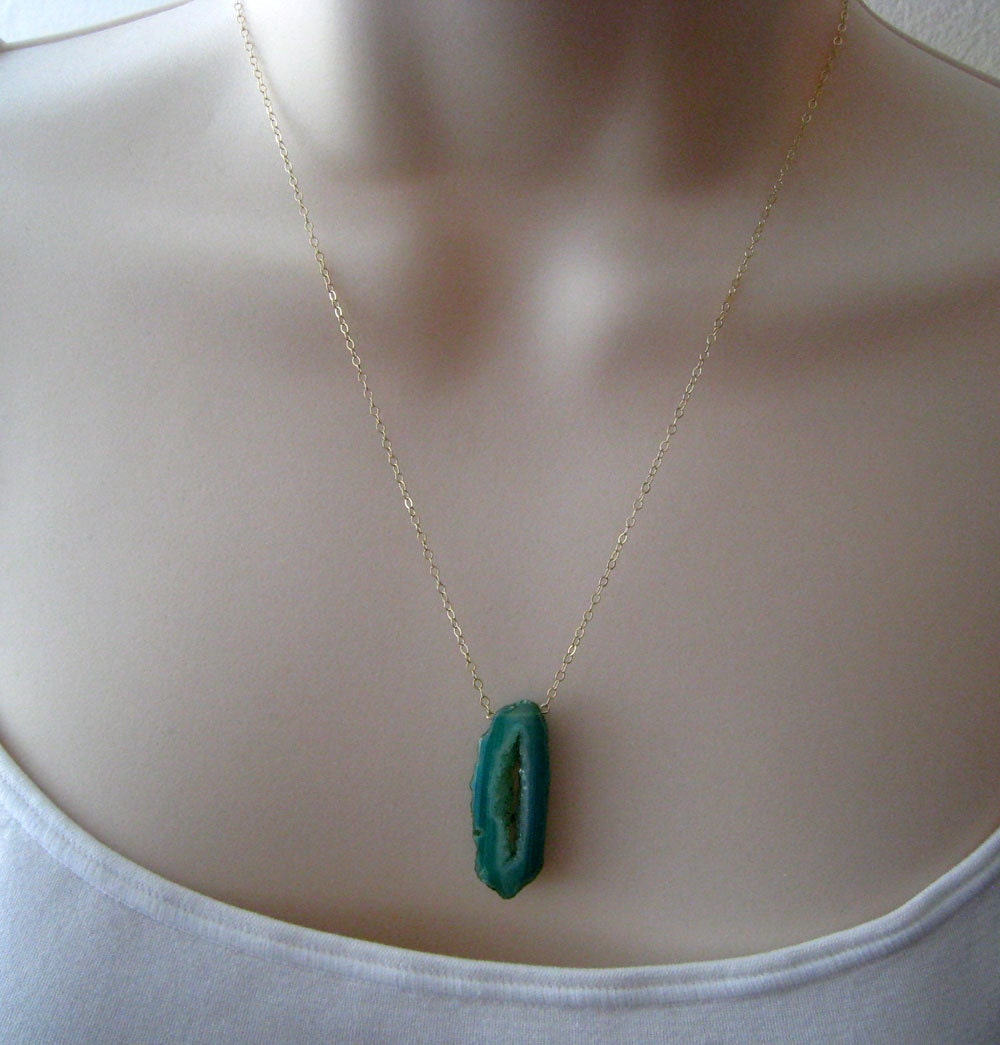 Teal Green Druzy pendant necklace, Teal blue green, 14k gold filled chain necklace, summer fun