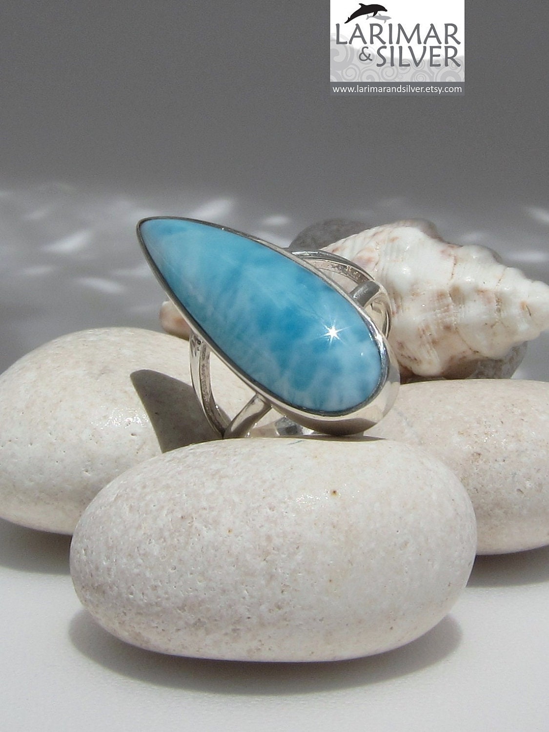 Larimar stone ring, Caribbean Surf - beautiful soft turquoise Larimar gemstone - US 5.5