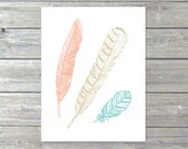 Feathers Digital Print - Boho Ethnic Tribal Decor - Peach Tan Mint Blue Pastel Colors - Unique Wall Decor  Home Decor- Under 20