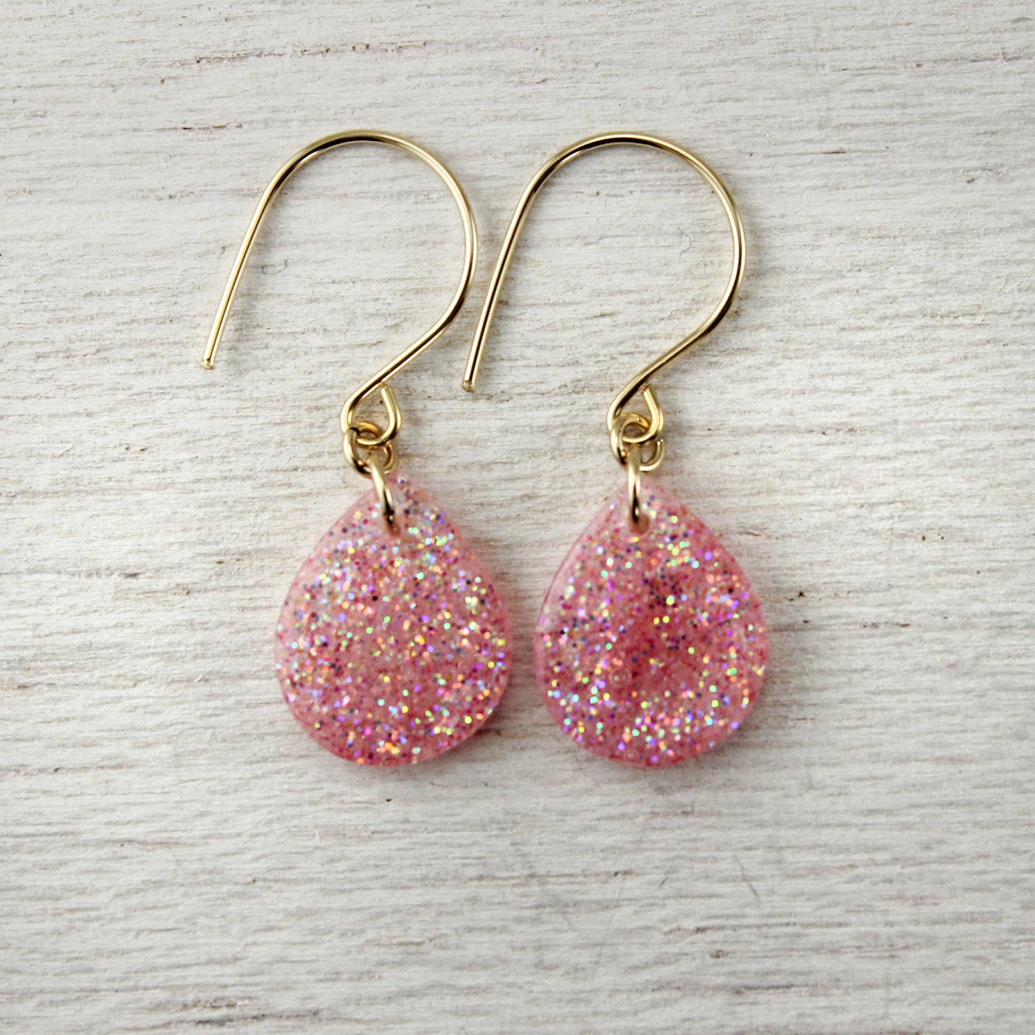 cotton candy pink sparkly teardrop earrings on 14k gold fill
