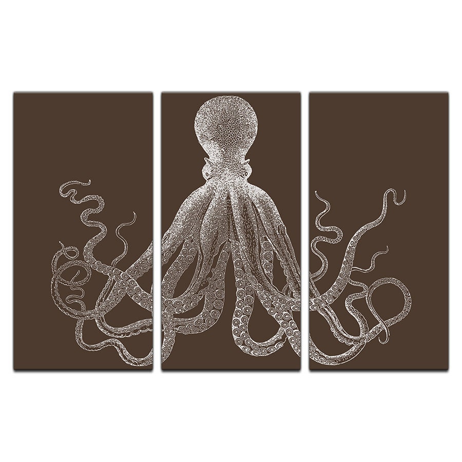 Retro Octopus Triptych Canvas Giclee - Brown and White - 15x30 Panels