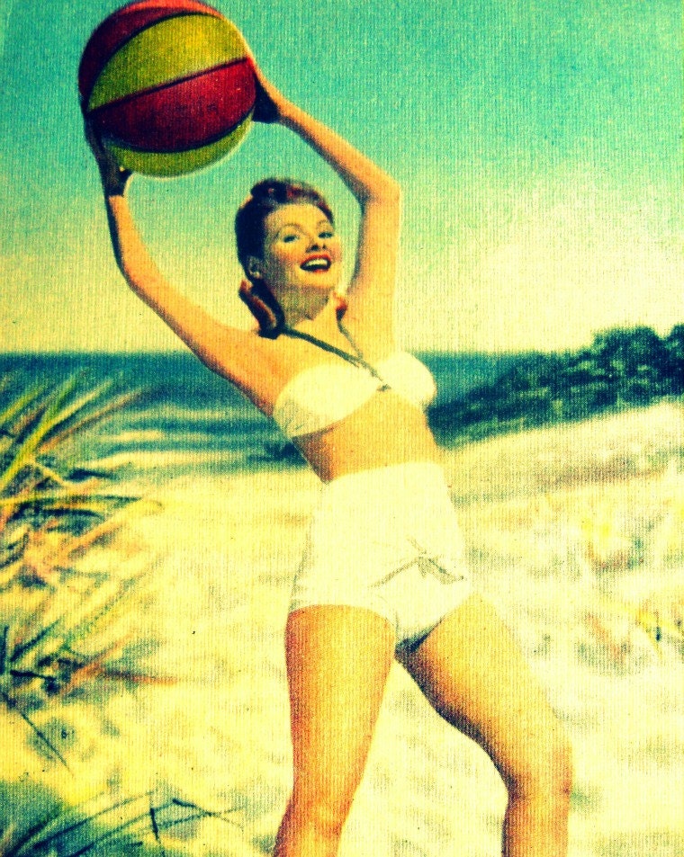 photography BEACH BALL BABE coastal photo 16x20 1940s aqua red yellow vintage Florida summer girl beach babe wedding gift wall decor
