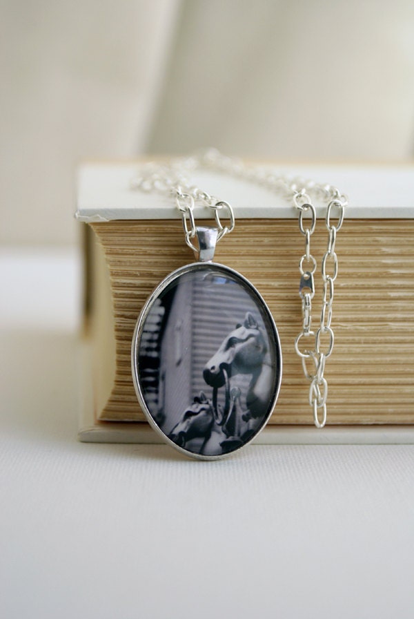 Horses Heads Photo Jewelry Necklace Pendant, NYC Wearable Art, New York City,