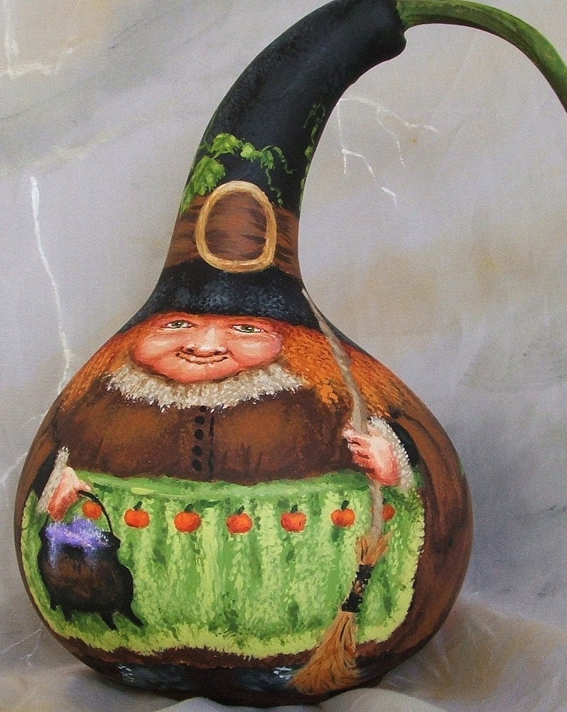 Wonderful Halloween, witch gourd, original art, 8 inches tall
