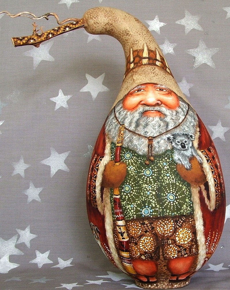 Aussie Santa, Australian Christmas, international, one of a kind gourd, 12 inches tall