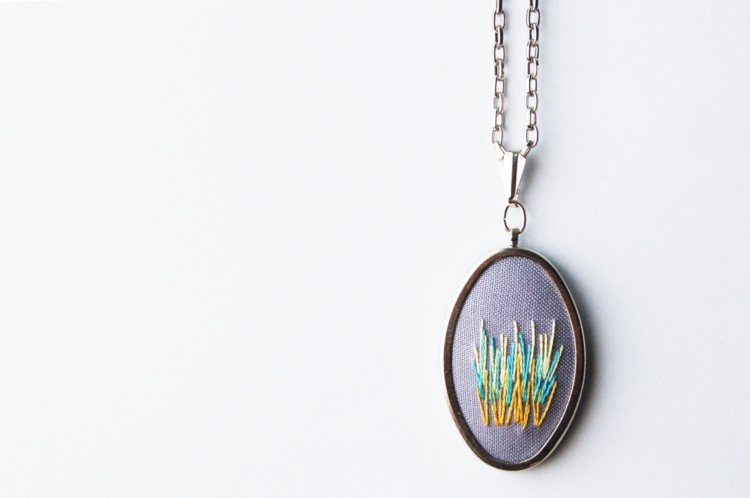 Wearable Art Jewelry. Embroidered Necklace. Gray With Teal, Green, Mustard. by merriweathercouncil on Etsy