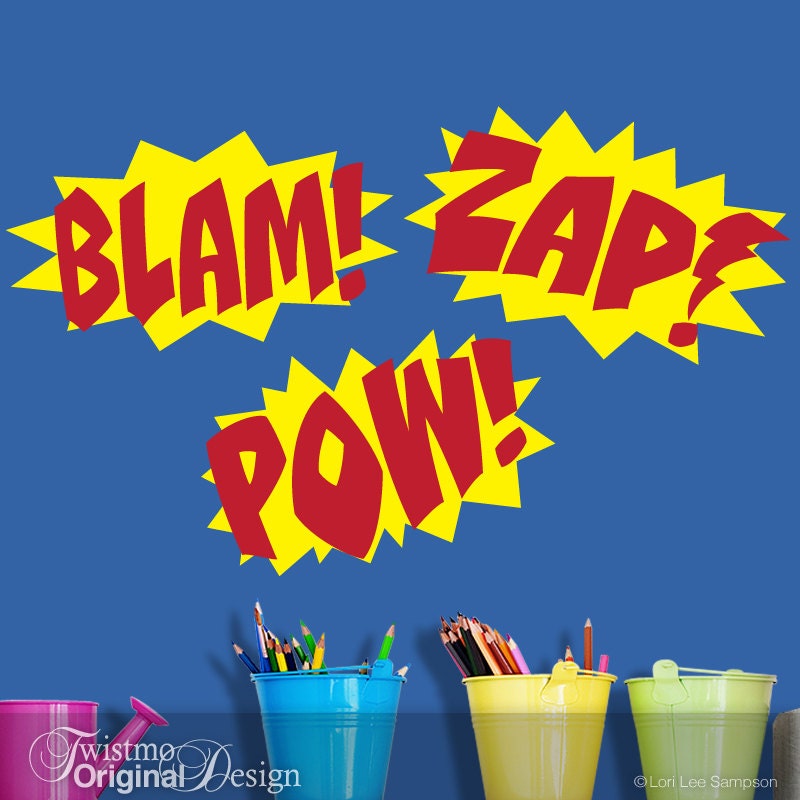 Vinyl Wall Decal: Set of 3 Comic Book Sound Effect Bursts, Blam, Zap, Pow, Superhero, Super Hero, Boys, Girls