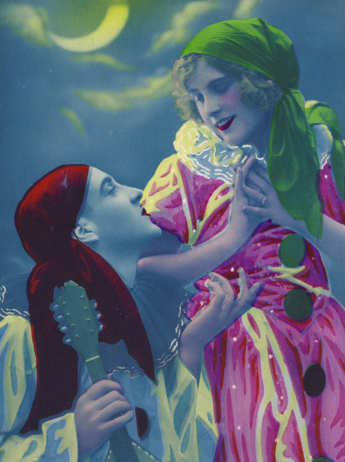 Pierrot and Colombinette by Bleuet circa 1920s Hand-Tinted