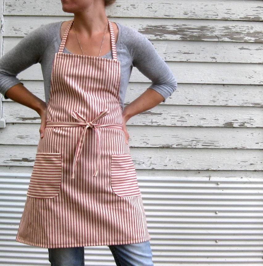 Rustic Full Kitchen Apron for Him or Her in Red Cotton Ticking in The French Chef - meyertextileco