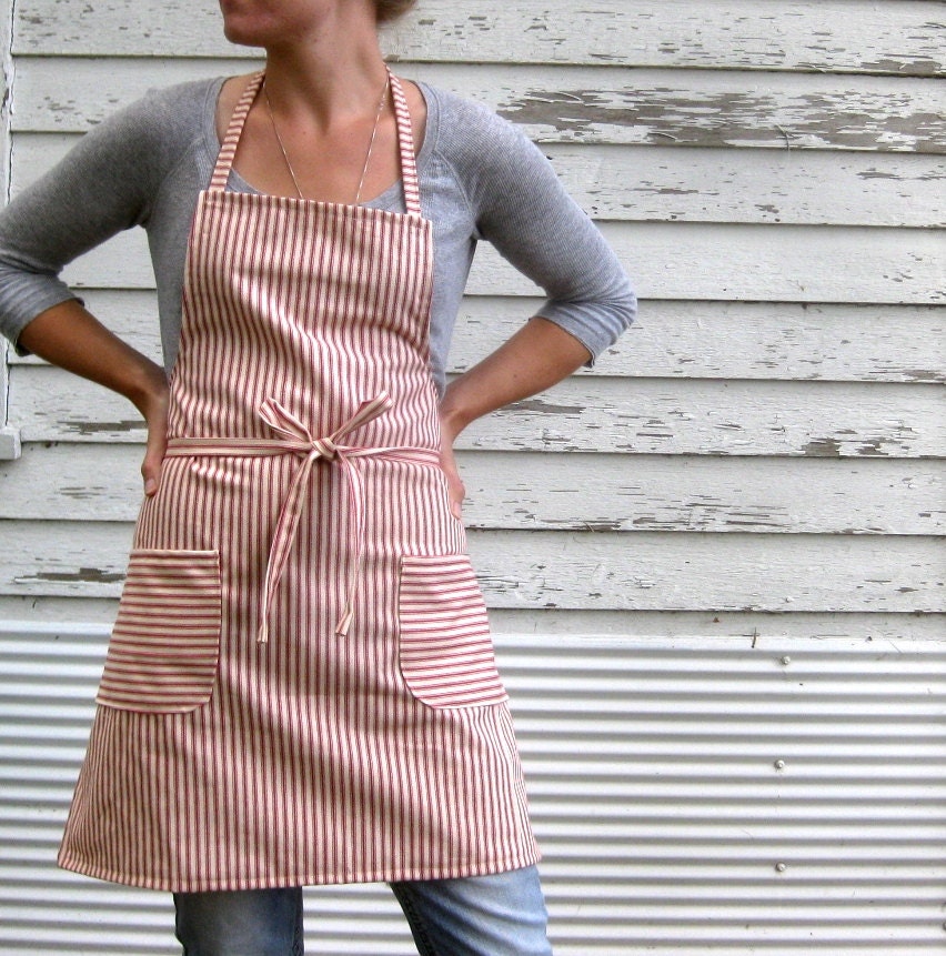 Rustic Full Kitchen Apron for Him or Her in Red Cotton Ticking in The French Chef