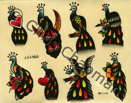 Tiny Peacocks Tattoo Flash