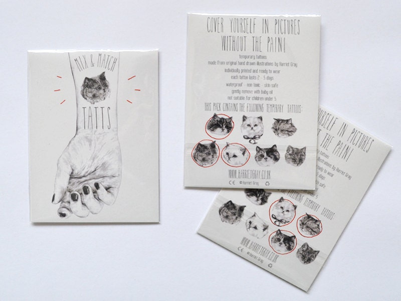 temporary tattoos - set of three fake cat tatts - 7designs to choose from - realistic tattoos - mix and match - cattoos