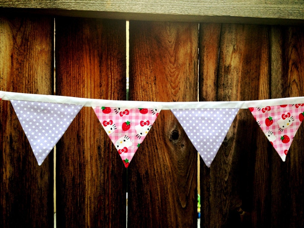 Hello Kitty Strawberries on Pink and White Gingham with Lavender and White Polka Dots Banner - Ready to Ship