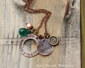 A mix of antiqued copper and gold shades with vintage green drop and peach pearl drop, personalized with names and my loves