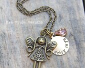Antique gold nature fairy with personalized circle and vintage pink drop for your little "big" girl