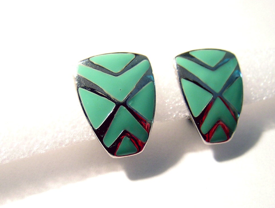 80s Mint Green Geometric Clip Earrings Silver tone