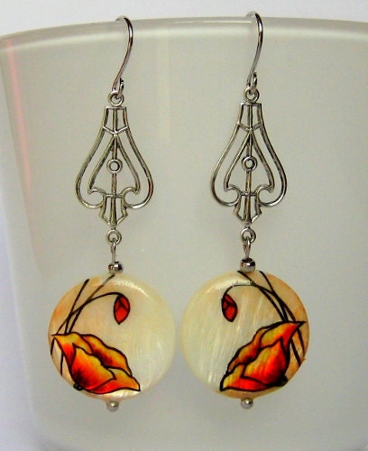 Red Poppies dangle earrings, silver earrings, art deco jewelry, artisan jewellery, handpainted jewelry