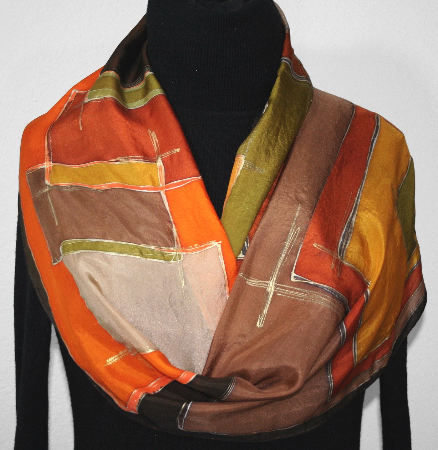 Hand Painted Silk Scarf Autumn Shades. Silk Scarf in Orange, Tan and Brown. Size 11x60. Made in Colorado. 100% silk. Made to order.