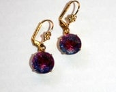 Vintage Cuba Blue Fuchsia 1940s crystal flower motif 18ct gold plated earrings