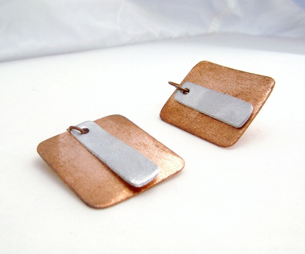 Copper Earrings with Stainless Steel, Mixed Metal, Geometric Metalwork