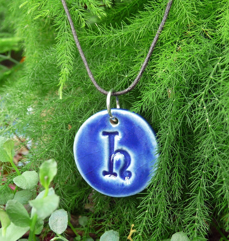 Letter Pendant & Cord Necklace - Kiln-Fired Stoneware Clay - "h" - Royal Blue