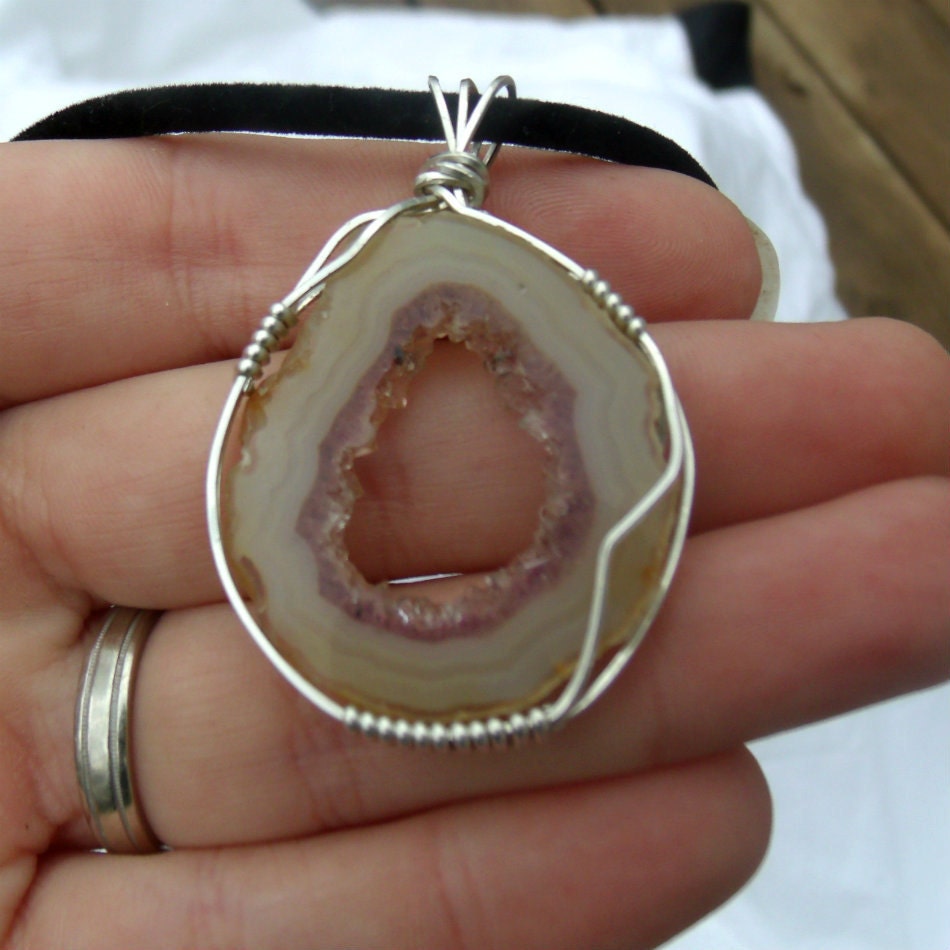Wire Wrap Pendant Sculpture Sterling Silver  Wrapped Stone Jewelry Natural Agate Druzy Handmade Purple Brown Cyber Monday Free Shipping