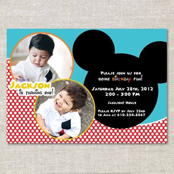 Mickey Mouse Theme Photo Birthday Invitation (Digital or Printed)
