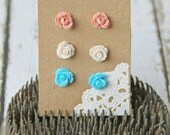 Petite Rose Earring Trio - Post Earrings - Stud Earrings - Handmade - Vintage Rose Ivory Sky Blue