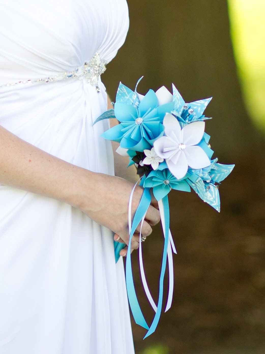 Paper Flowers and Lilies Bridal Bouquet- 10 inch, 15 flowers, one of a kind, wedding, origami, handmade wedding, 1st anniversary gift