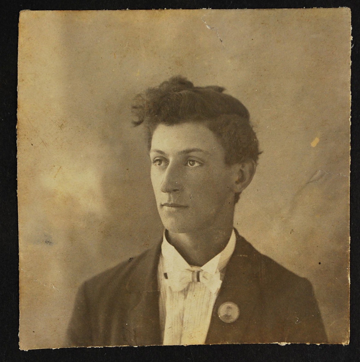 Hair and Lapel Button, 1910's, Vintage Photo, Snapshot, Photography