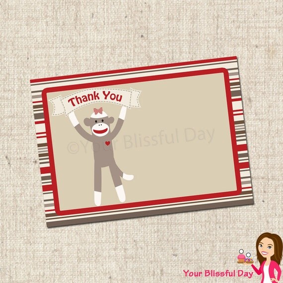 PRINTABLE Girl Sock Monkey Thank You Cards Il_570xn