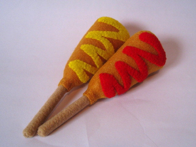 Felt food corn dog set ketchup and mustard - eco friendly children's pretend play food for toy kitchen