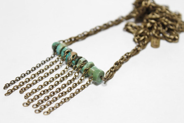 RAW NATURALTURQUOISE - antique bronze fringe necklace/vintage/Native/Tribal/southwestern/bohemian necklace/free people/urban/minimalist