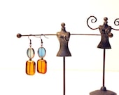 50% off - Glass Earrings, Blue, Cognac Brass Glass Beads, Copper Drop Dangle Hooks