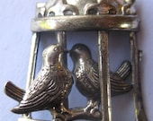 Sale  Vintage Lang Sterling Silver Birds with Cage Brooch