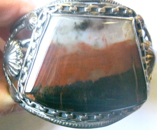 Reduced  Vintage Large Southwestern Ornate Silver and Agate Cuff Bracelet